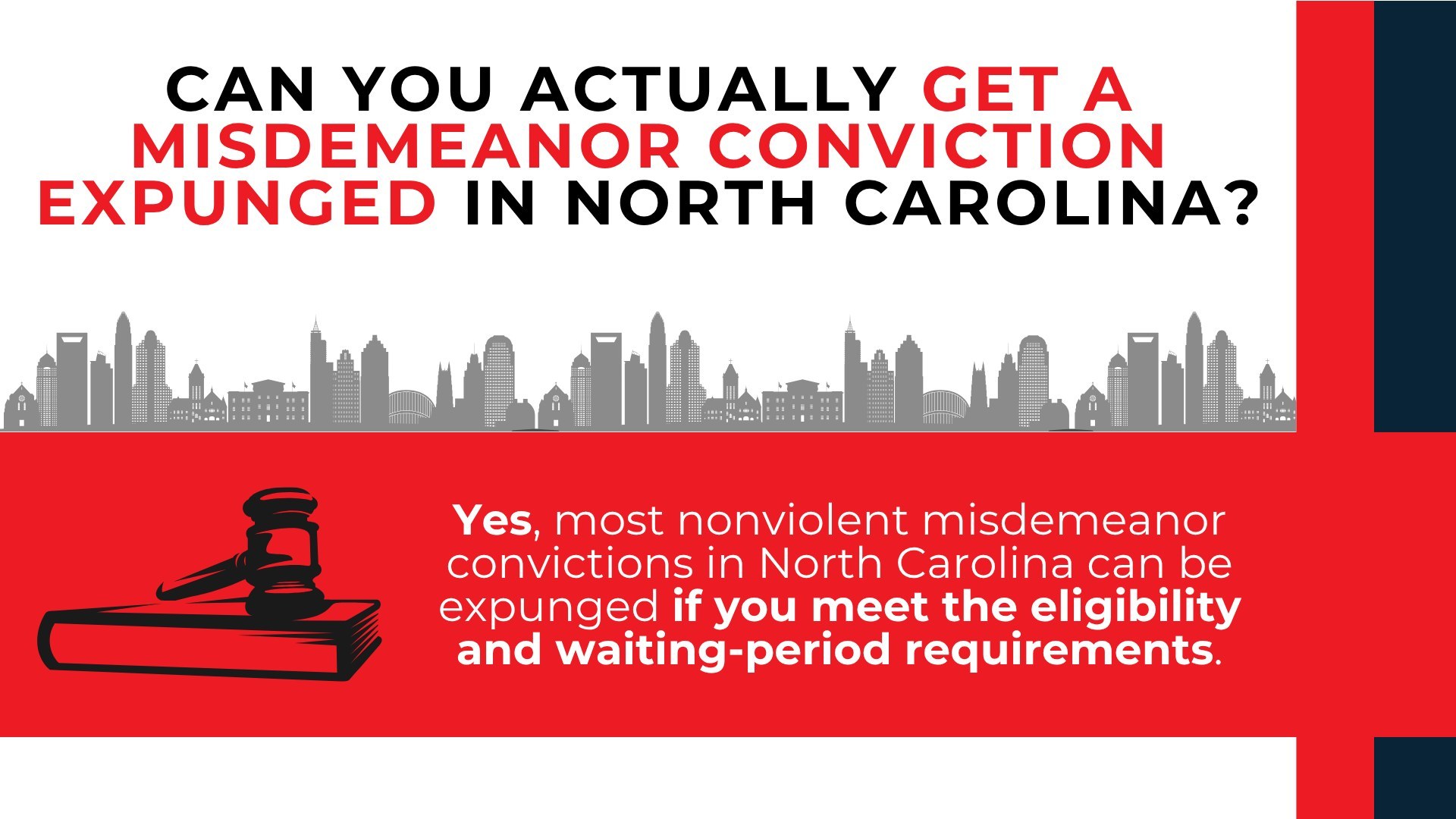 Gavel and NC skyline explain most nonviolent misdemeanors may be expunged if eligibility and wait rules are met.