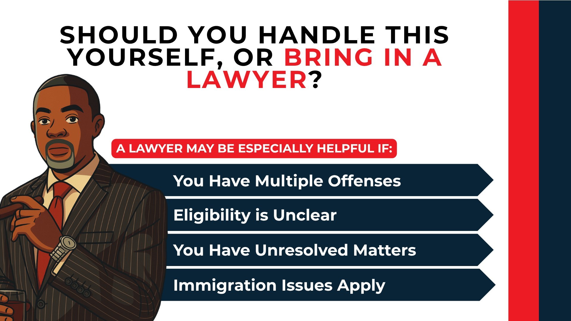 Attorney beside arrows lists when legal help may matter, including multiple offenses and unclear eligibility.