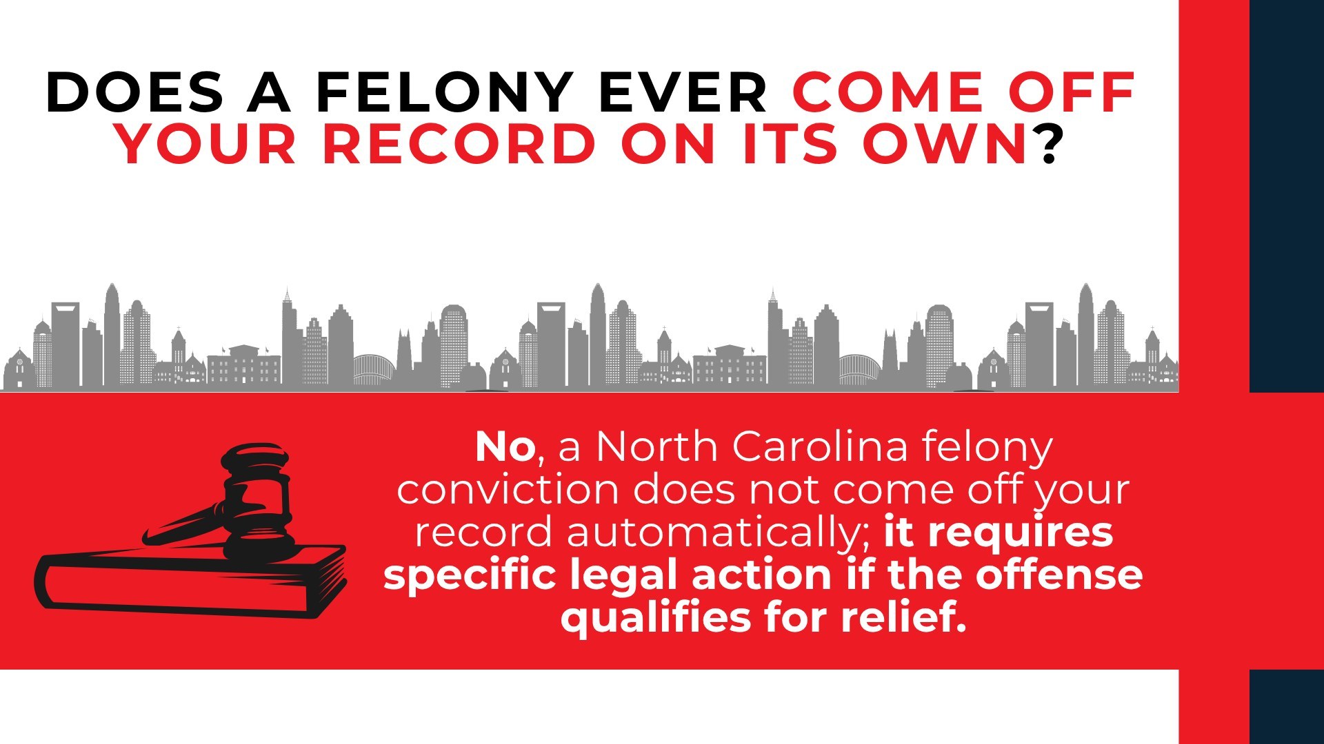 Gavel and North Carolina skyline explain that a felony stays on your record unless you qualify for legal relief.