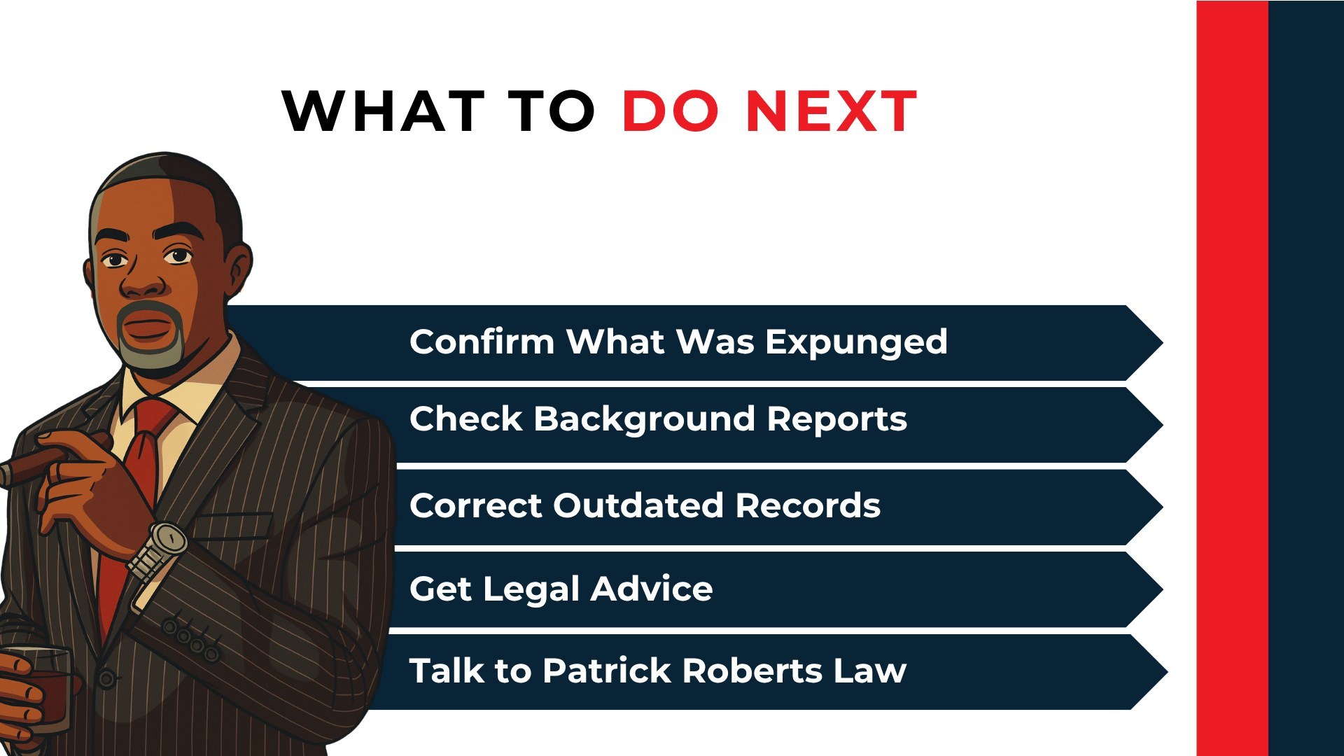 Attorney beside five steps advises confirming the expungement, checking reports, correcting records, and seeking counsel.