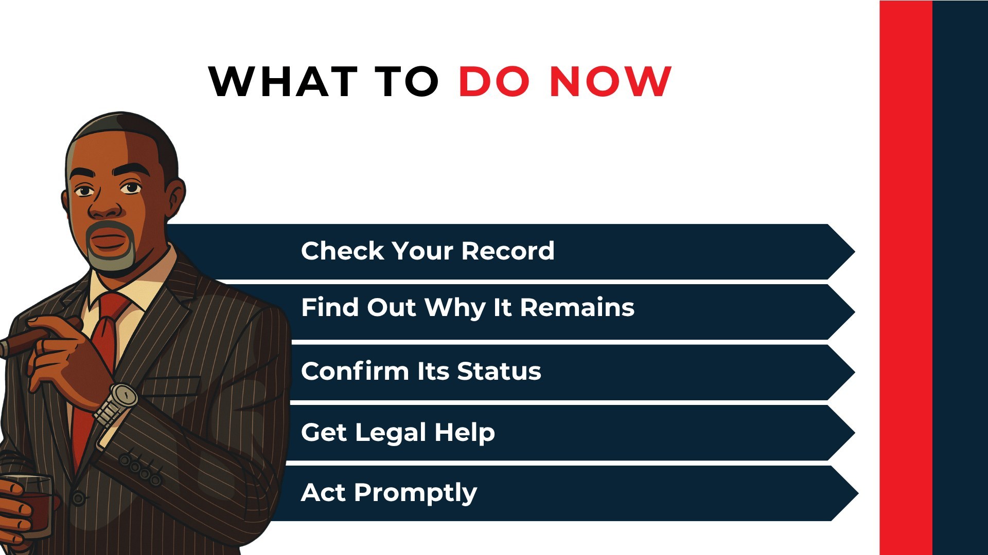 Attorney beside five action steps advises checking your record, confirming its status, and seeking legal help.