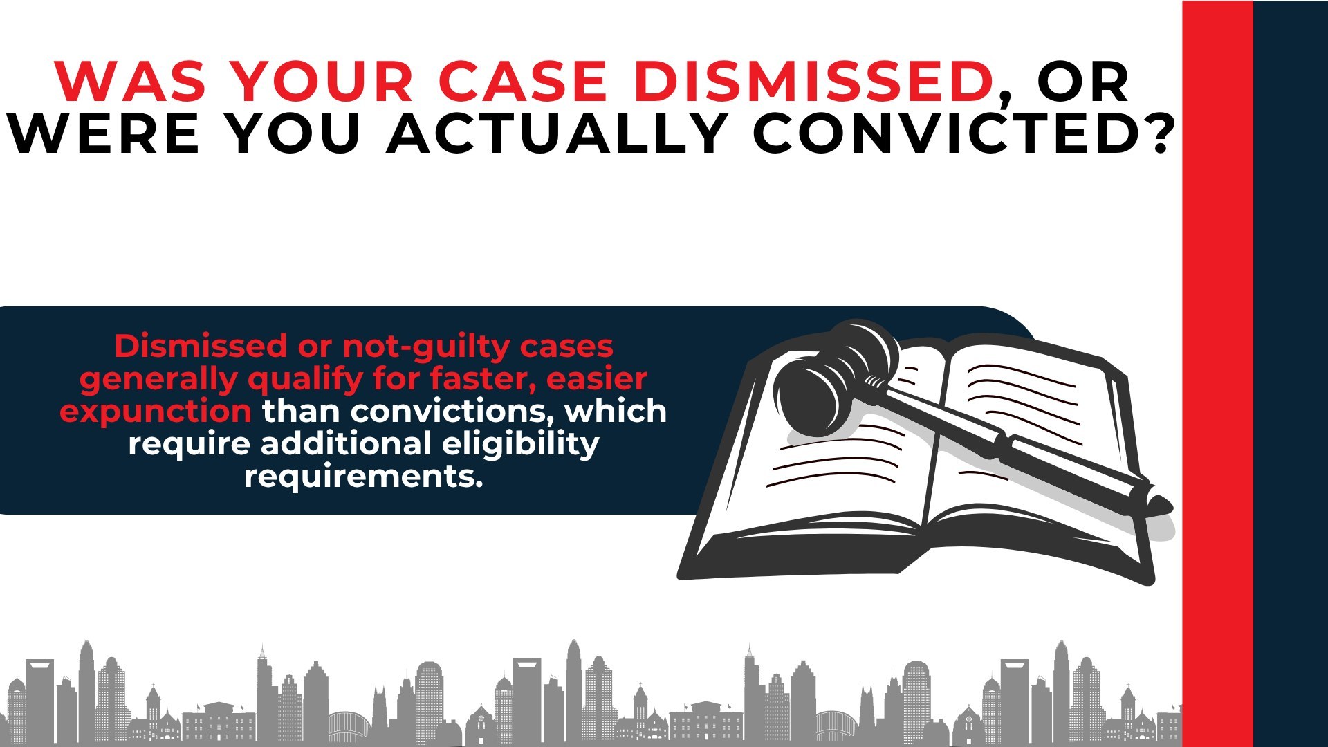 Gavel on an open law book explains dismissed or not-guilty cases may qualify more easily than convictions