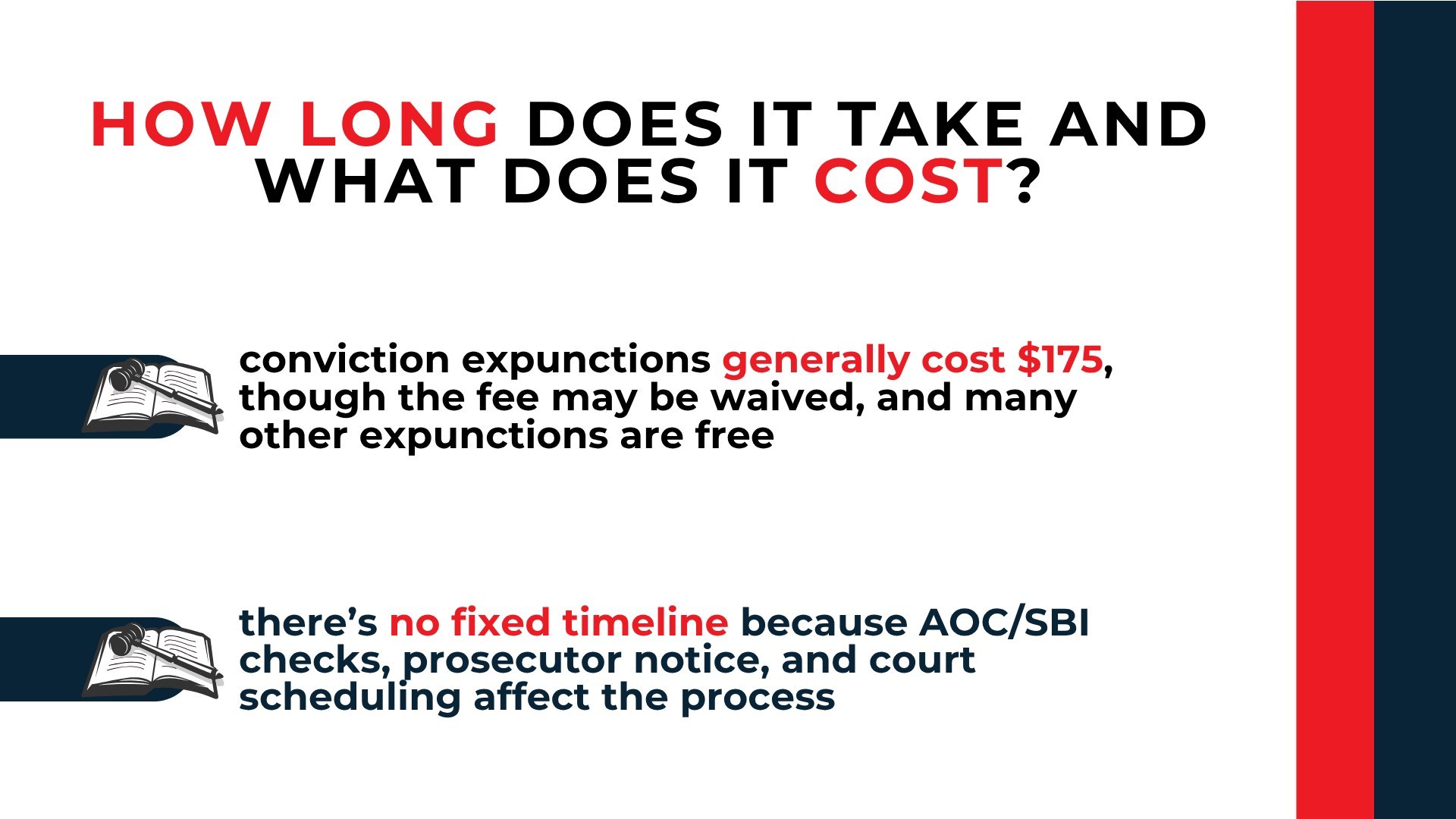 Open-book icons explain a $175 conviction expungement fee and no fixed timeline due to checks and scheduling