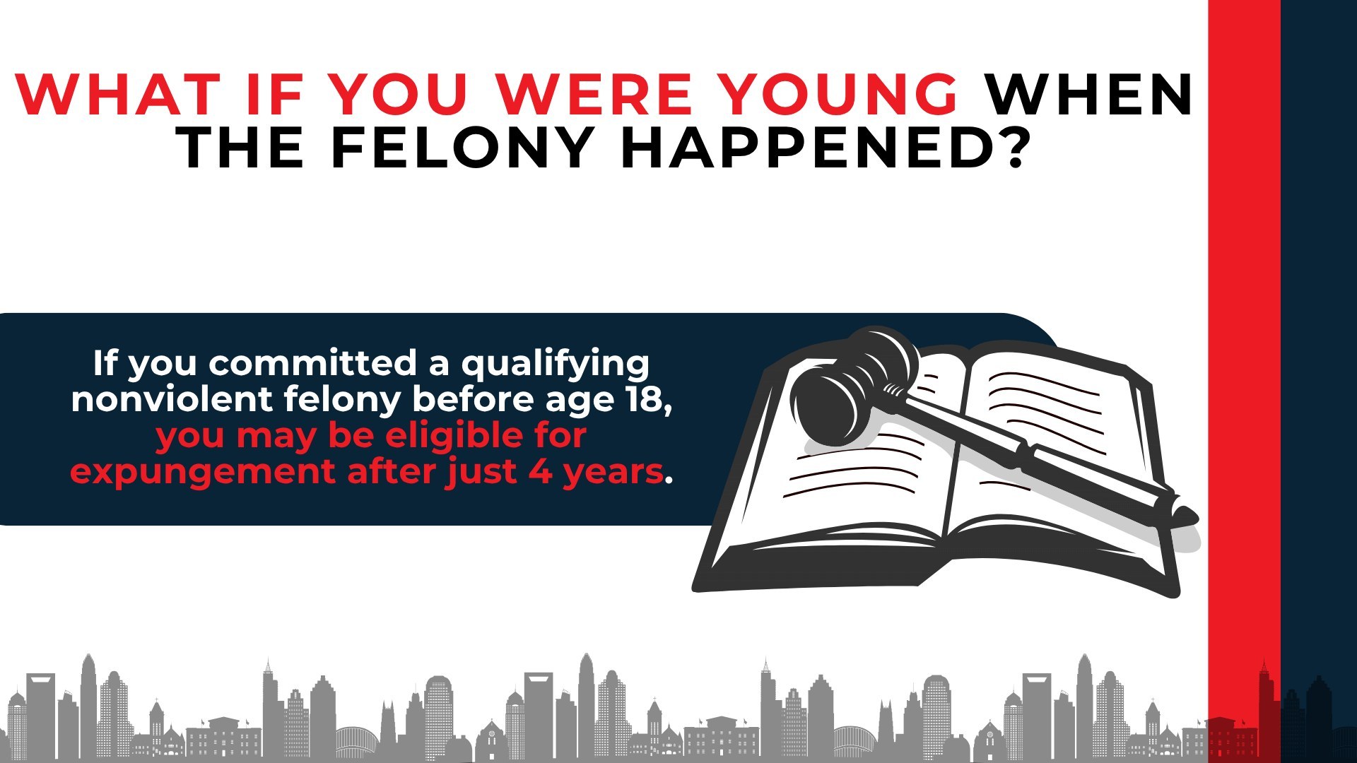 Gavel and open law book explain that a qualifying nonviolent felony before age 18 may be expunged after four years.