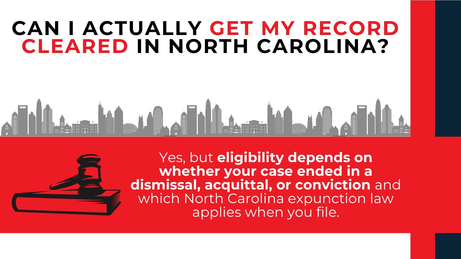 Gavel and city skyline explain that NC record-clearing eligibility depends on dismissal, acquittal, or conviction.