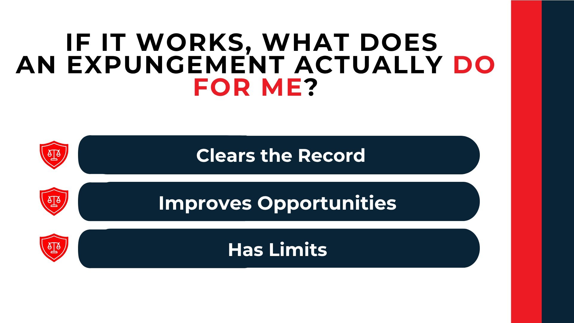 Shield-and-scales icons highlight three expungement effects: clearing records, improving opportunities, and legal limits.
