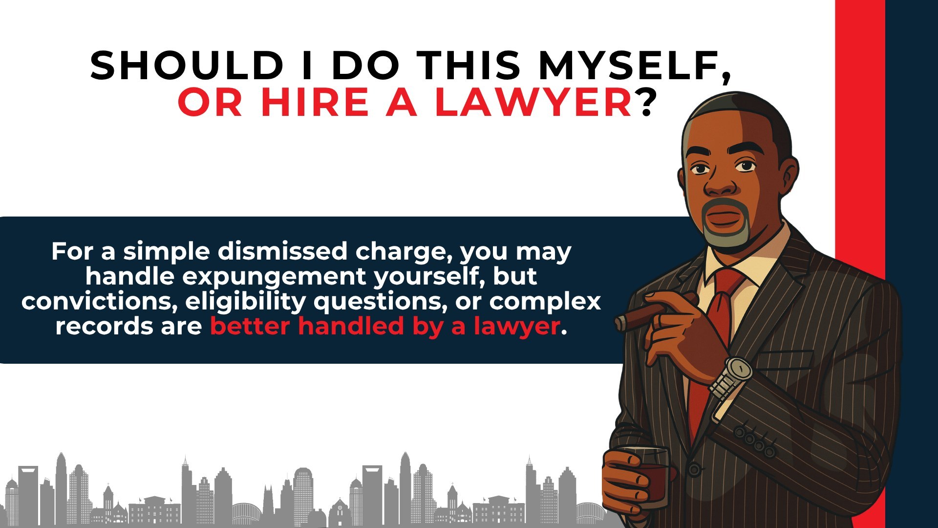 Attorney illustration explains DIY expungement may suit simple dismissals, while complex records may need legal help.