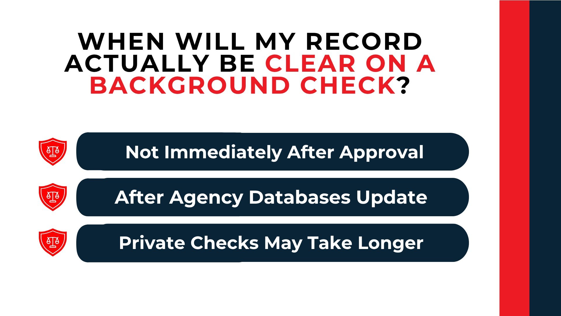 Shield-and-scales icons show records clear after agency updates, while private background checks may take longer.