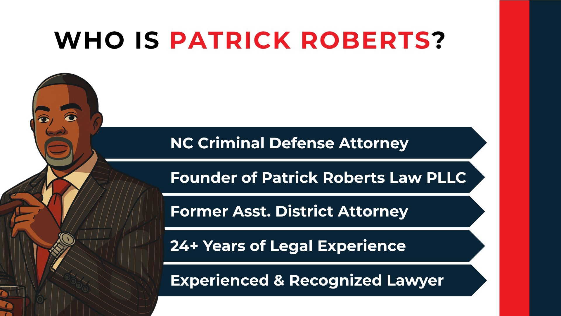Illustrated attorney in a pinstripe suit beside banners: NC defense attorney, firm founder, former assistant DA, 24+ years’ experience, recognized lawyer.