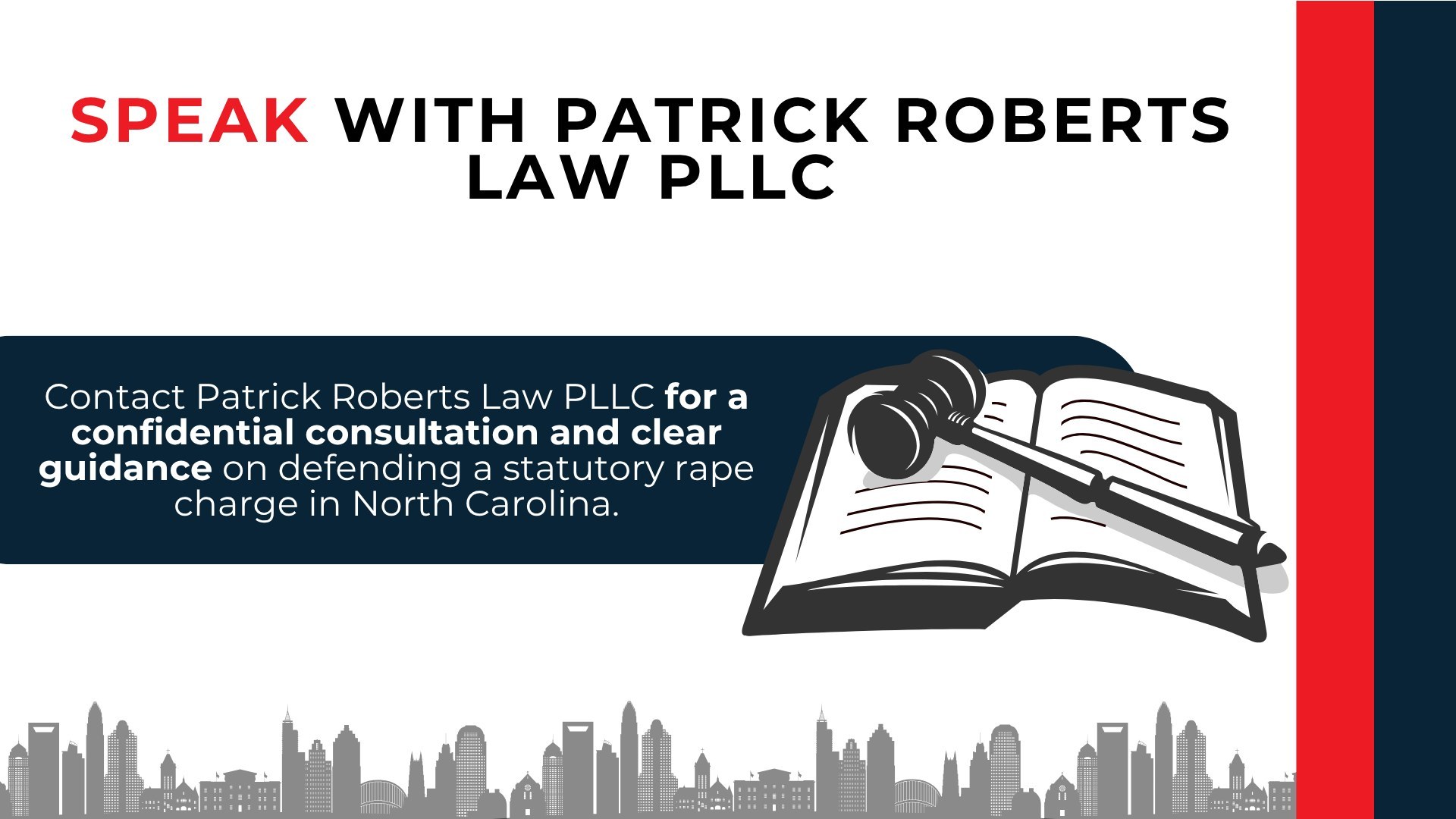 Gavel on an open law book beside a navy banner offering a confidential consultation on a North Carolina statutory rape charge.